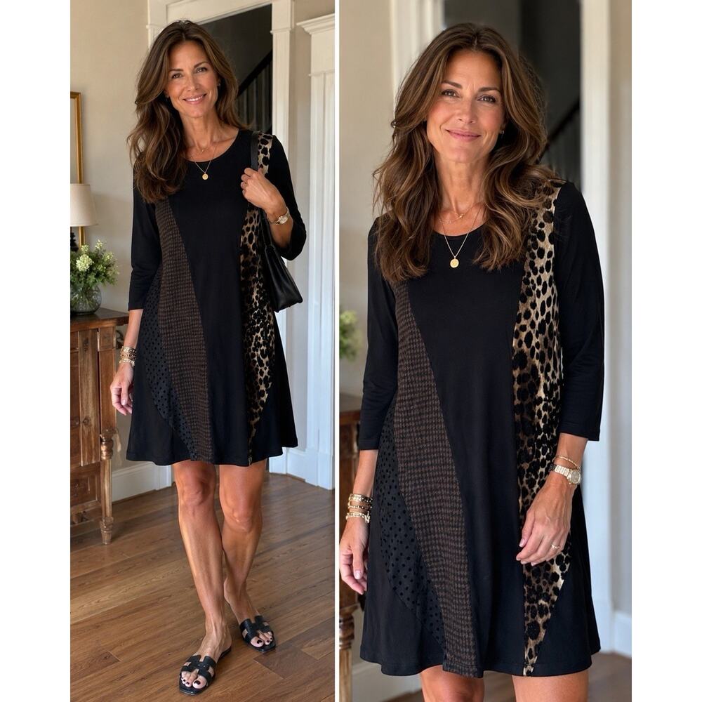 ALEMBIKA Black Mixed Media Color Block DRESS Sz 3 = 10/12 Leopard Cheetah EUC